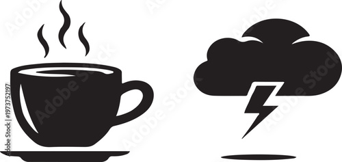 Hot coffee cup and storm cloud with lightning icon set