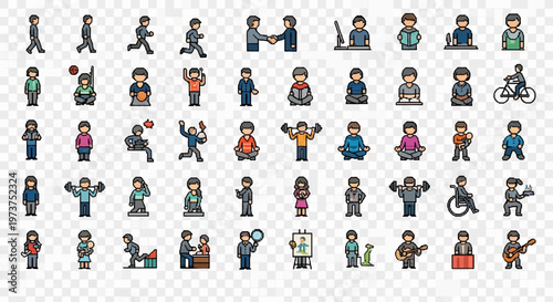 Diverse Pixel Art People Characters Collection on Transparent Background, Engaging in Various Activities and Lifestyles