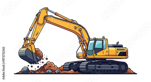 A yellow excavator digs into a pile of dirt and rocks on a construction site