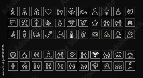 Comprehensive White Line Icons Set for Social Media, Digital Communication, and Community Concepts on a Dark Background.