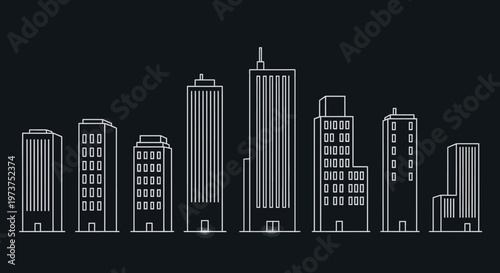 White Outline Icons Set Depicting Modern City Skyscrapers and Urban Buildings on a Dark Background.