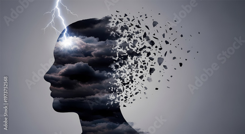 Dark human head silhouette with stormy sky and lightning exploding out of mind its illustration only
