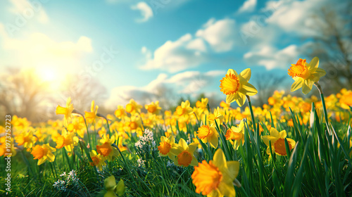 Vast daffodil flower field with vibrant blooms