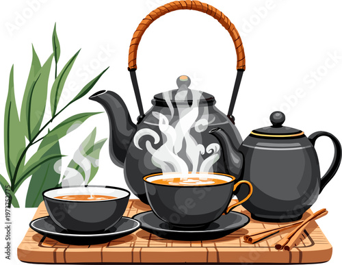 Chinese tea set with teapot and cups, traditional asian tea ceremony illustration