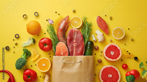Top View of Grocery Shopping with Meat, Fish, Fruits, and Vegetables in Bag