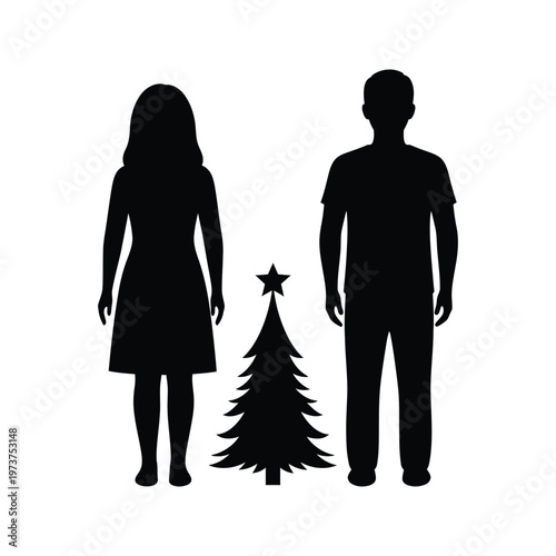 Two silhouettes standing back to back with Christmas trees in the background, symbolizing holiday solitude or partnership