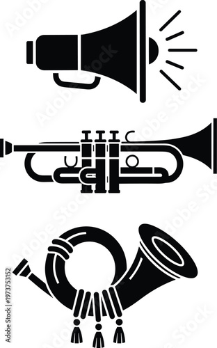 Set of black horn icons including megaphone, jazz trumpet, and classical post horn, representing sound, music, announcements, alerts, and communication.
