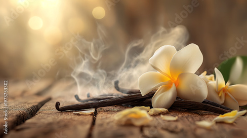 Vanilla orchid and vanilla sticks creating a smoky fragrance on aged wood