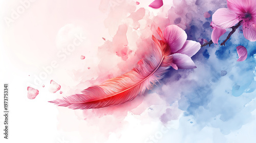Watercolor design featuring dust, feathers, and flowers