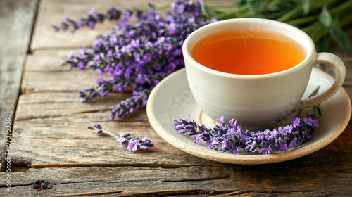 White Cup of Lavender Tea with Fresh Flowers on Rustic Wooden Background