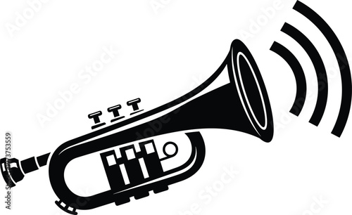 Black trumpet musical instrument icon with sound waves, brass fanfare symbol, jazz music concept, melody announcement, and creative artistic horn illustration.