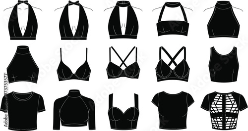 Set of women's fashion crop tops and bralettes silhouettes, featuring halter neck, racerback, turtleneck, and strappy designs, cad drawing flat vector illustration, flavector
