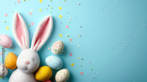 Easter Party Concept with Bunny Ears and Colored Eggs on Pastel Blue
