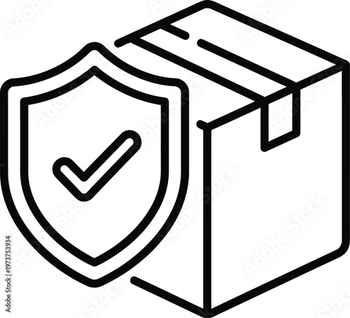 A secure package with a shield and checkmark is shown in a simple line drawing.