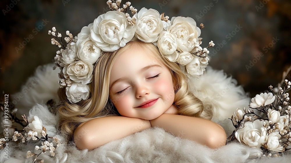 Fototapeta premium Cute little princess girl with crown of boutonniere flowers sleeping on white furs. Winter beauty and rococo fashion concept. Fantasy portrait for poster, cover