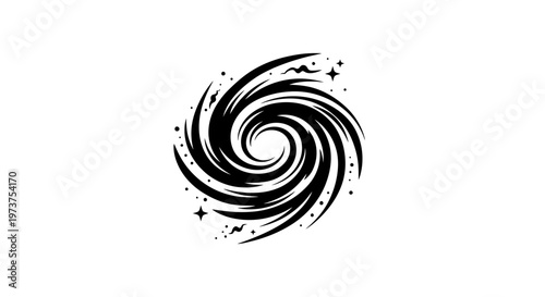 Stylized black-and-white galaxy swirl with cosmic dust and star particles radiating outward in a dynamic spiral pattern.