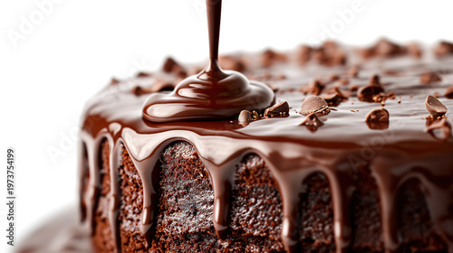 Pouring Chocolate Dripping from Cake Top Isolated on White