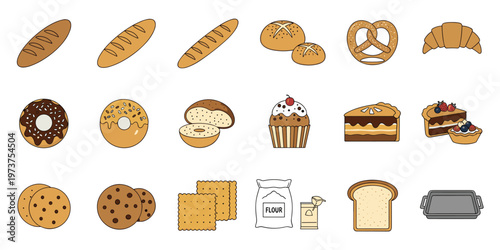 Bakery icons bread pastry cookies rolls croissant pretzel cake tart flour yeast vector