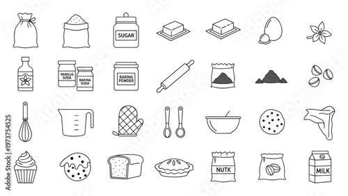 Baking ingredients tools flour sugar eggs vanilla whisk rolling pin vector set for recipes