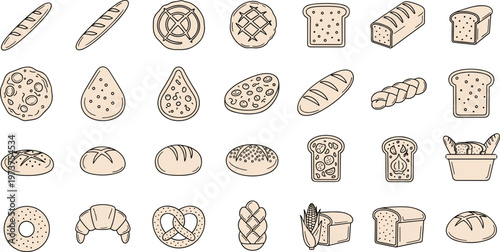 Bread icons assorted loaves croissant pretzel rolls sliced bread bakery artisan menu vector set