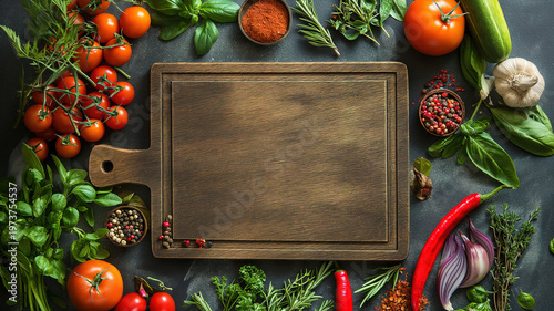 Spice herbs and vegetables around empty cutting board perfect for cooking