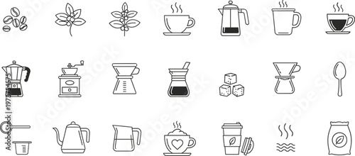 Coffee icons black and white line beans to cup brewing tools vector set