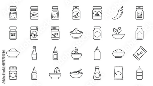 Condiment icons jars bottles spices salt pepper sauce packet vector set for menu