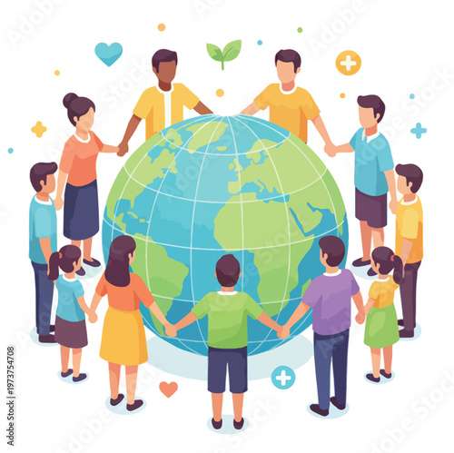 Global Diverse People Holding Hands Around Earth Symbolizing Unity Community and Planet Care