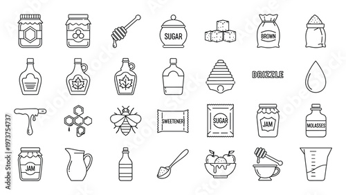 Sweetener icons honey sugar syrup jam agave honeycomb dripper spoon cup vector set