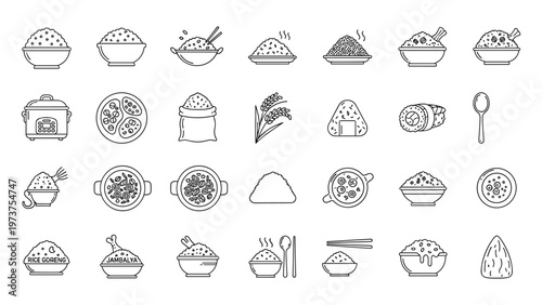 Rice based food and japanese cuisine icons vector illustration for kitchen poster and menu design