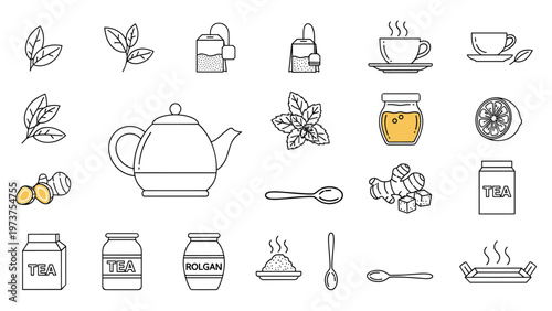 Tea icon set for organic herbal drink with teapot cup and healthy ingredients design vector elements