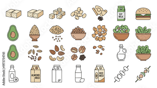 Vegan food icon set for plant based diet with tofu nuts seeds and milk vector elements