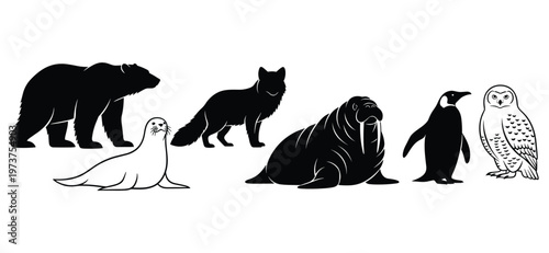 Polar arctic bear seal fox walrus penguin owl icons set black white vector art pack