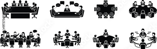 Business meeting teamwork collaboration icons set, corporate boardroom discussion communication leadership conference group planning vector silhouettes collection