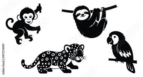 Rainforest monkey sloth jaguar parrot vector bw silhouette animal set icons nursery printable ai clipart editable