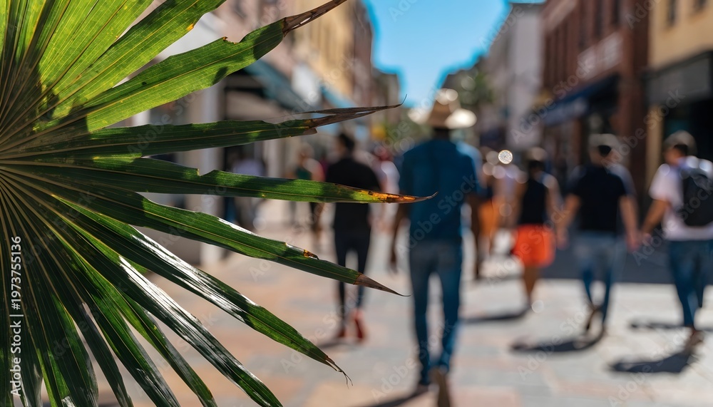 Obraz premium Busy urban street with pedestrians and palm trees high resolution photo