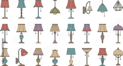 Colorful vector illustration of decorative lamps symbolizing interior design, creativity, and home lighting