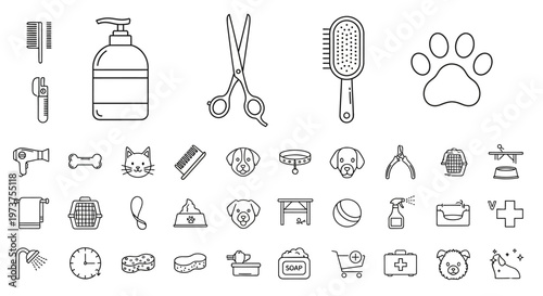 Collection of pet care and grooming icons.