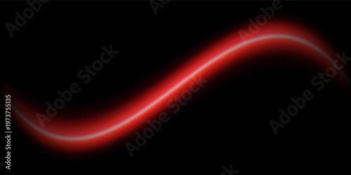 Red light trail element. Glowing neon speed line wave. Hot fire color luminous curved path concept. Bright fiery streaks for poster, banner, flyer. Abstract bent dynamic motion stripes. Vector