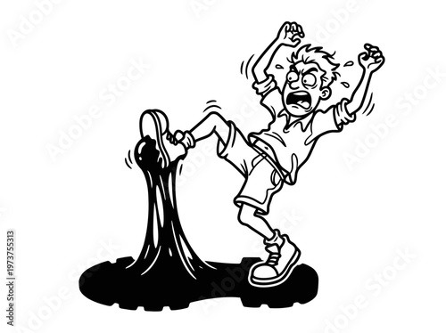 Minimalist Footprint with Stuck Bubblegum Cartoon Line Art, Monochrome Vector Illustration of Street Slapstick Humor