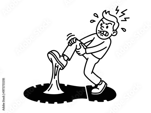 Minimalist Footprint with Stuck Bubblegum Cartoon Line Art, Monochrome Vector Illustration of Street Slapstick Humor