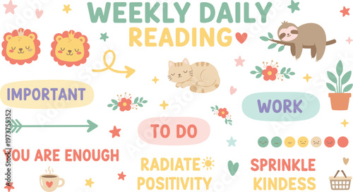 Colorful vector illustration of motivational planner with cute animals symbolizing positivity, organization, and encouragement