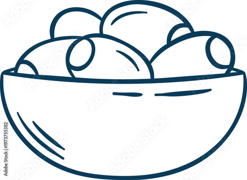 Olives in a wooden bowl, simple vector icon in doodle and sketch style with Mediterranean blue line. Hand-drawn appetizer for food menus or Mediterranean branding