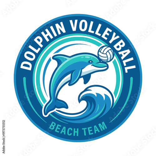 Vibrant dolphin volleyball team emblem design, ideal for athletic branding and beach sports apparel. Features a marine animal playing with a ball above ocean waves