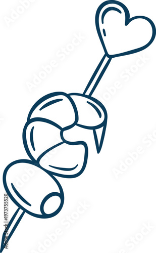 Blue sketch of a single olive canape with shrimp with toothpick. Simple vector for catering projects or Mediterranean recipe cards