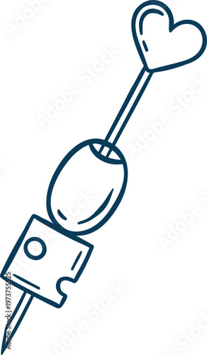 Mediterranean blue line doodle of olive tapas with cheese. Minimalist food icon for Spanish or Greek restaurant menus