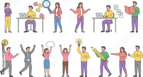 Colorful vector illustration of teamwork and office collaboration symbolizing creativity, success, and workplace innovation