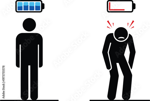 Human energy silhouette, battery icon illustration, power level artwork, exhaustion concept design, fatigue symbol graphic, black white health metaphor