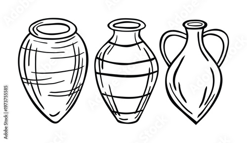 Three ancient amphorae and vases, line