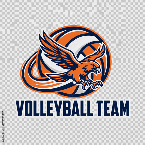 Dynamic volleyball team logo featuring a powerful raptor in mid-flight, symbolizing agility and competitive spirit for sports branding and identity